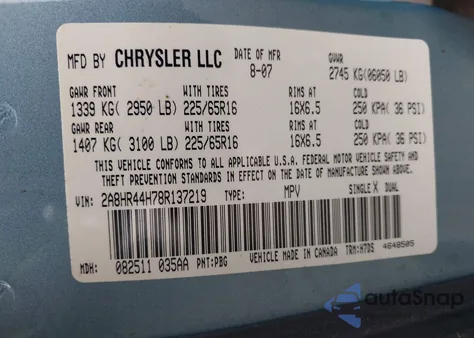 2008 Chrysler Town & Country Lx z USA, uszkodzony, nr VIN 2A8HR44H78R137219